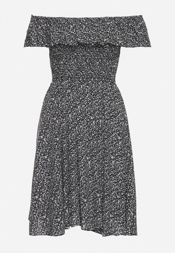 Born2be - Czarna Bawełniana Sukienka z Hiszpańskim Dekoltem i Marszczoną Górą w Kwiaty Samorea. Okazja: na co dzień. Kolor: czarny. Materiał: bawełna. Wzór: kwiaty. Styl: elegancki, casual