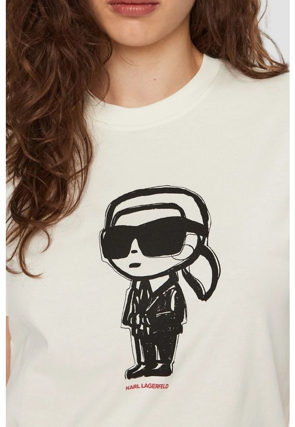 Karl Lagerfeld - KARL LAGERFELD Beżowy damski t-shirt Ikon Sketch Karl. Kolor: beżowy. Materiał: materiał