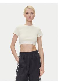 Adidas - adidas T-Shirt Ribbed JD0040 Beżowy Slim Fit. Kolor: beżowy. Materiał: bawełna