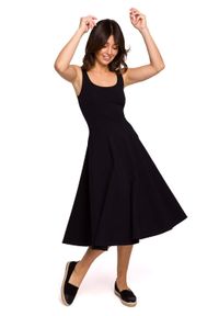 MOE - Bawełniana Rozkloszowana Sukienka na Ramiączkach - Czarna. Kolor: czarny. Materiał: bawełna. Długość rękawa: na ramiączkach