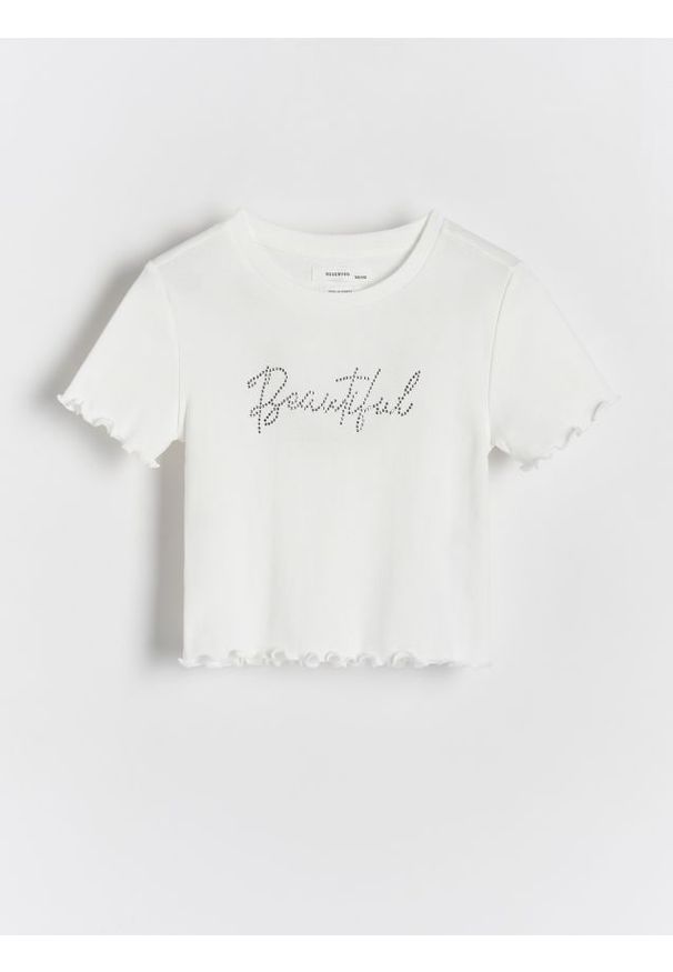 Reserved - T-shirt z aplikacją - biały. Kolor: biały. Materiał: dzianina, bawełna. Długość: krótkie. Wzór: aplikacja
