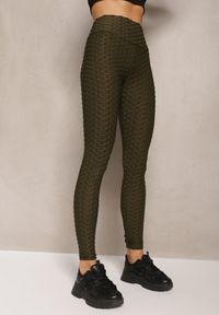 Renee - Ciemnozielone Legginsy z Tłoczonym Geometrycznym Wzorem z Efektem Push Up Mainettes. Kolor: zielony. Materiał: dzianina. Wzór: geometria #3