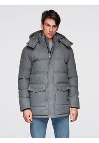 Ombre Clothing - Ciepła długa kurtka męska typu parka z wełną – szary melanż V1 - Rozmiar: L. Kolor: szary. Materiał: wełna. Długość: długie. Wzór: melanż