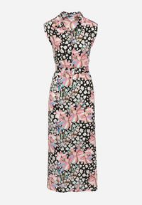 Born2be - Czarno-Różowa Sukienka Koszulowa w Kwiaty Zapinana na Guziki z Materiałowym Paskiem Himpia. Okazja: na spotkanie biznesowe. Typ kołnierza: kołnierzyk klasyczny. Kolor: czarny. Materiał: materiał. Wzór: kwiaty. Typ sukienki: koszulowe. Styl: biznesowy, klasyczny #2