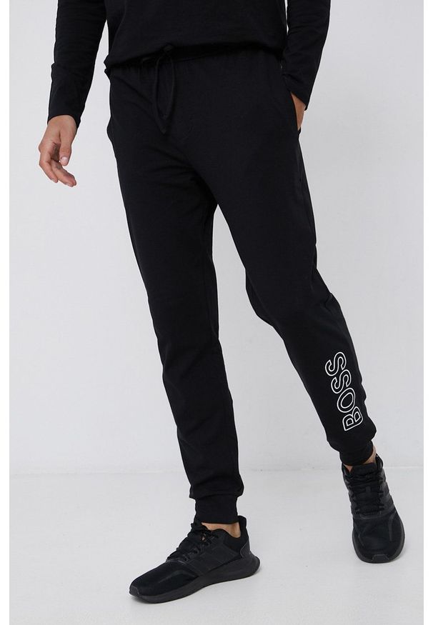 BOSS - Boss Spodnie piżamowe męskie kolor czarny z nadrukiem. Kolor: czarny. Materiał: bawełna. Wzór: nadruk