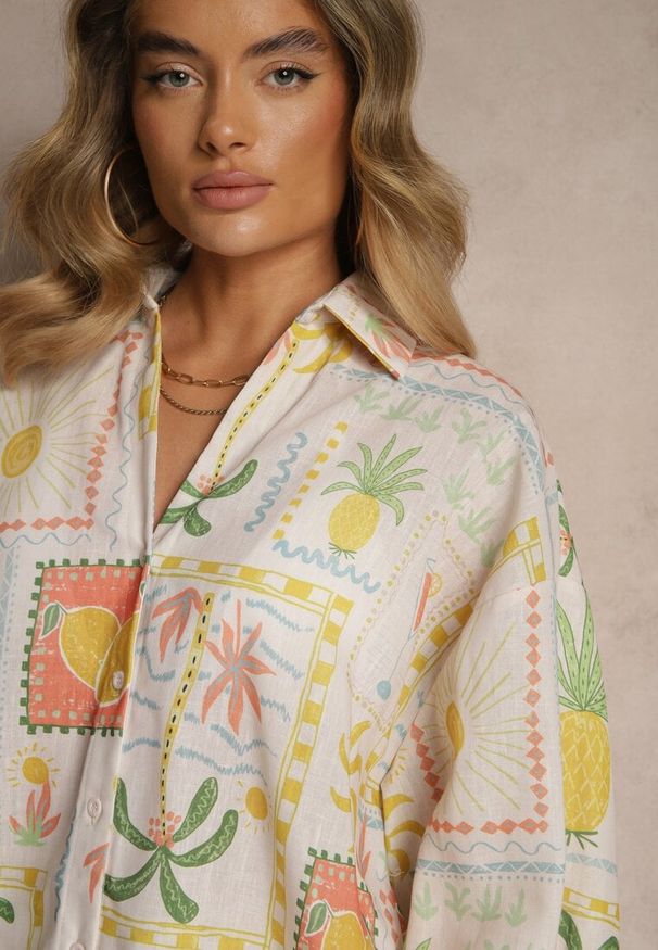 Renee - Beżowo-Żółta Koszula Typu Oversize z Motywem Owoców i Palm Rinariela. Okazja: na co dzień. Kolor: żółty. Materiał: jeans. Sezon: lato. Styl: elegancki, casual