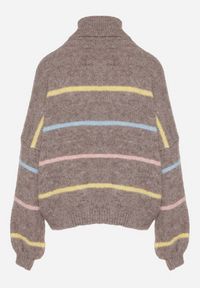 Born2be - Beżowy Golf z Wełną Ozdobiony Paskami Reisorria. Okazja: na spacer, na co dzień. Typ kołnierza: golf. Kolor: beżowy. Materiał: wełna. Wzór: aplikacja. Styl: casual #2