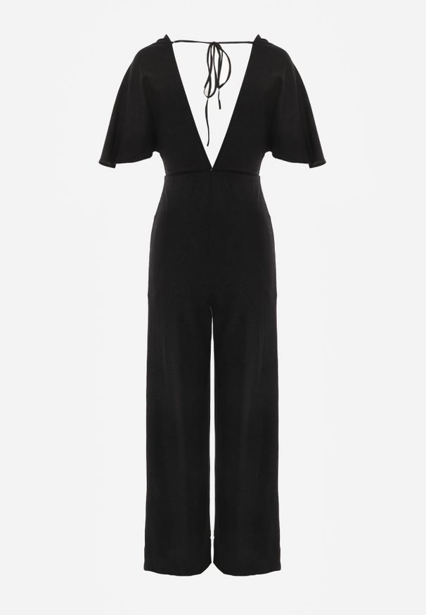 Renee - Czarny Kombinezon z Błyszczącą Nicią i Kopertową Górą Relfe. Kolor: czarny. Styl: elegancki