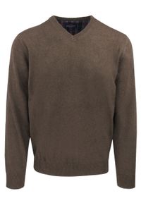 Męski, Bawełniany Sweter w Serek (V-neck) - Adriano Guinari - Brązowy. Okazja: na spotkanie biznesowe, do pracy, na co dzień. Typ kołnierza: dekolt w serek. Kolor: brązowy, beżowy, wielokolorowy. Materiał: bawełna. Styl: elegancki, casual, klasyczny, biznesowy #1