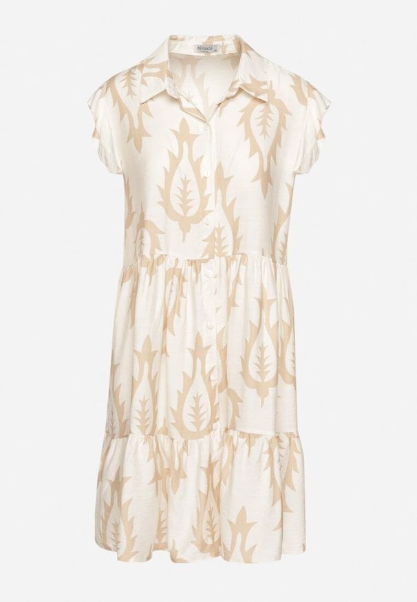 Born2be - Beżowa Rozkloszowana Sukienka o Koszulowym Kroju z Lnem i Wiskozą Folarane. Okazja: na co dzień, na spacer. Kolor: beżowy. Materiał: len, wiskoza. Wzór: aplikacja. Typ sukienki: koszulowe. Styl: klasyczny, casual, elegancki