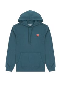 Wrangler - WRANGLER SIGN OFF HOODIE MĘSKA BLUZA Z KAPTUREM NIEROZPINANA DEEP TEAL W651I3G03. Typ kołnierza: kaptur