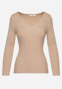 Born2be - Ciemnobeżowy Sweter Prążkowany z Trójkątnym Dekoltem Vorila. Okazja: na co dzień. Kolor: beżowy. Materiał: prążkowany. Styl: casual, elegancki #7