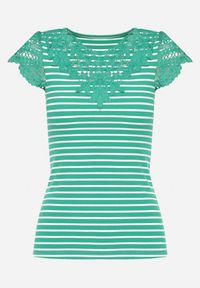 Born2be - Zielony Bawełniany T-shirt z Prążkowanego Materiału z Koronkowym Dekoltem i Rękawkami Hyacintia. Kolor: zielony. Materiał: materiał, bawełna, prążkowany, koronka. Długość rękawa: krótki rękaw. Sezon: lato #3