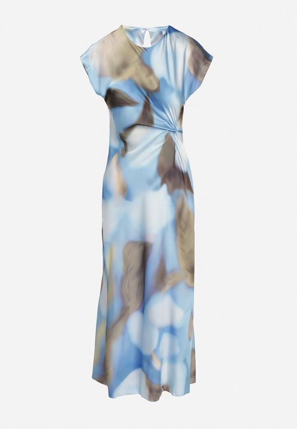 Born2be - Niebieska Rozkloszowana Sukienka w Abstrakcyjny Print z Ozdobnym Marszczeniem Tillanara. Okazja: na imprezę. Kolor: niebieski. Wzór: nadruk. Styl: elegancki, wizytowy