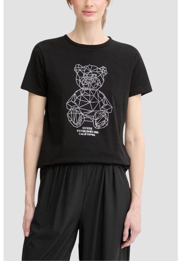 Guess - GUESS Czarny damski t-shirt na krótki rękaw z cyrkoniami Romy, Rozmiar M. Okazja: na co dzień. Kolor: czarny. Długość rękawa: krótki rękaw. Długość: krótkie. Styl: elegancki, casual