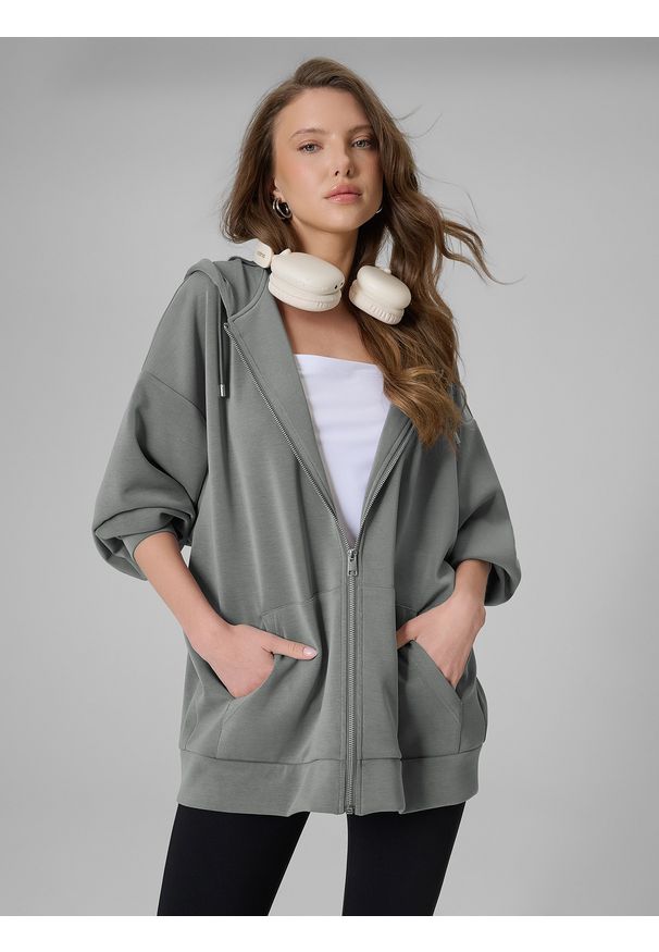 4f - 4F Bluza dresowa oversize z modalem damska - szara S. Okazja: na co dzień. Kolor: szary. Materiał: dresówka. Wzór: gładki. Styl: casual