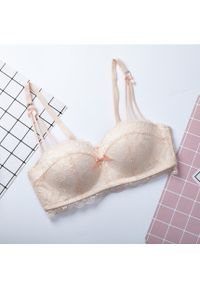 Intica - Biustonosz balkonetka push-up koronkowy z kokardkami Hafize. Kolor: beżowy. Materiał: koronka. Rodzaj stanika: push-up