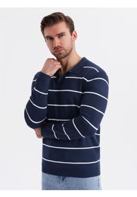 Ombre Clothing - Męski longsleeve polo w poziome paski z wiskozą – granatowo-biały V1 - Rozmiar: XXL. Okazja: do pracy, na co dzień. Typ kołnierza: polo. Kolor: biały. Materiał: wiskoza. Długość rękawa: długi rękaw. Długość: długie. Wzór: paski. Styl: casual, elegancki