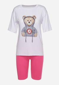 Born2be - Różowo-Biały Komplet T-shirt z Ozdobnym Nadrukiem Szorty Typu Kolarki Dresowy Wanesia. Kolor: różowy. Materiał: dresówka. Wzór: nadruk #3