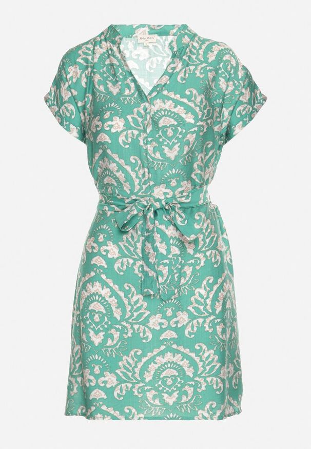 Born2be - Zielona Pudełkowa Sukienka z Wiązaniem w Talii w Abstrakcyjny Wzór Namsioli. Okazja: do pracy. Kolor: zielony. Materiał: jeans