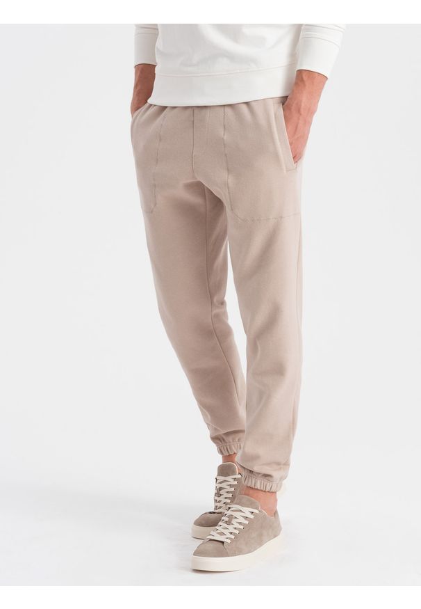 Ombre Clothing - Spodnie męskie dresowe CARROT ze strukturalnej dzianiny - beżowe V2 OM-PASK-0143 - XXL. Kolor: beżowy. Materiał: dresówka, dzianina