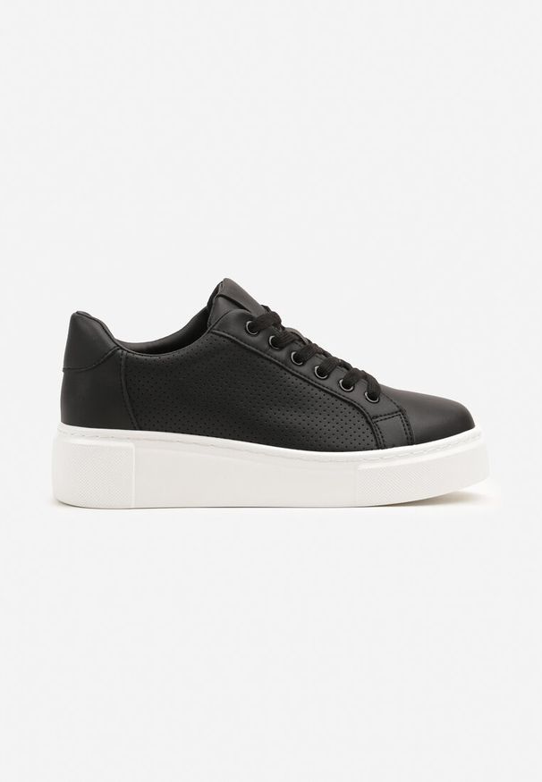 Renee - Czarne Sneakersy Skórzane na Platformie z Ozdobą i Perforacją Neolivia. Okazja: na co dzień. Kolor: czarny. Materiał: skóra. Wzór: aplikacja. Obcas: na platformie