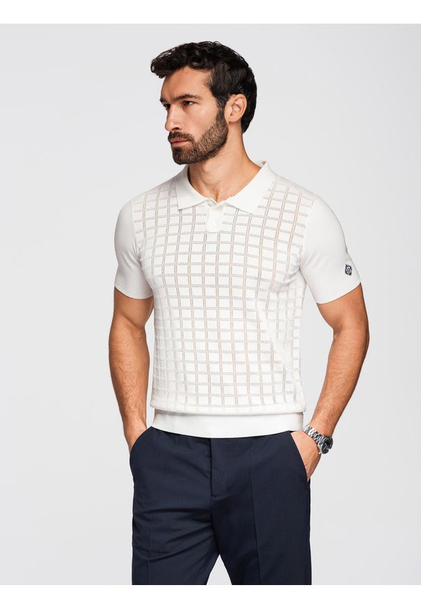 Ombre Clothing - Ażurowa wiskozowa męska koszulka polo - biała V1 - Rozmiar: M. Okazja: na co dzień. Typ kołnierza: polo. Kolor: biały. Materiał: wiskoza. Długość: krótkie. Wzór: ażurowy. Sezon: lato. Styl: casual, wizytowy