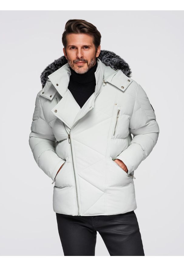 Ombre Clothing - Pikowana kurtka męska o kroju ramoneski z kapturem - jasnoszara V4 - Rozmiar: M. Typ kołnierza: kaptur. Kolor: szary. Materiał: satyna, futro, poliester, materiał. Sezon: zima. Styl: klasyczny, elegancki