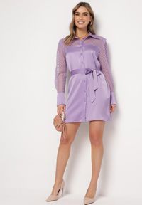 Born2be - Fioletowa Koszulowa Mini Sukienka z Materiałowym Paskiem i Siateczką w Górnej Części Gudris. Kolor: fioletowy. Materiał: materiał. Typ sukienki: koszulowe. Długość: mini #2