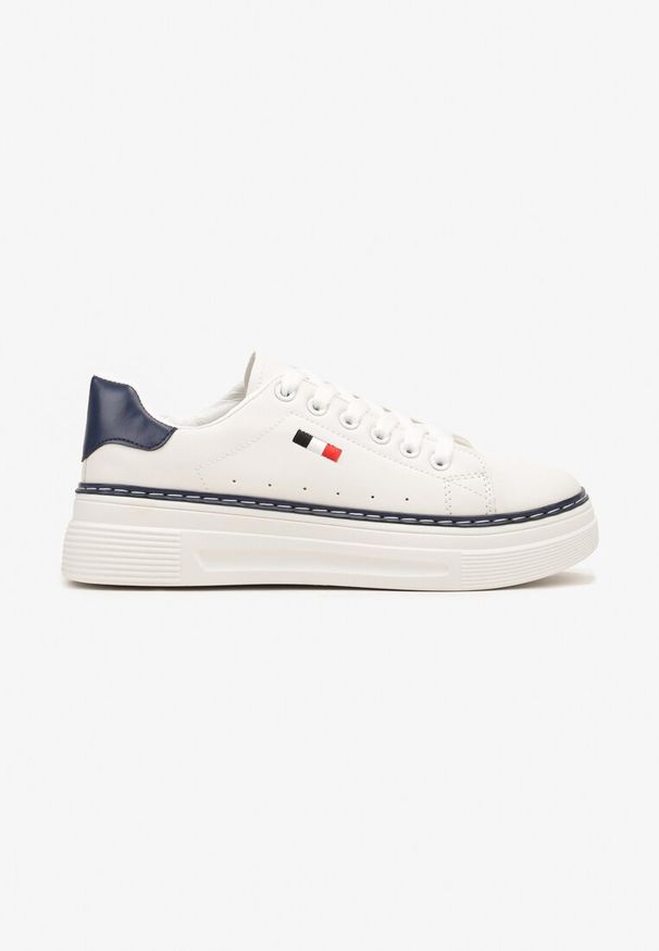 Renee - Biało-Granatowe Basicowe Sneakersy na Platformie Ozdobione Metalicznymi Wstawkami Vaiden. Kolor: biały. Wzór: aplikacja. Obcas: na platformie