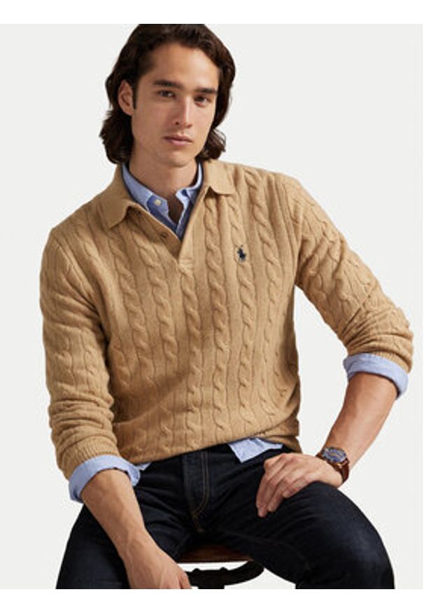 Polo Ralph Lauren Sweter 710974165004 Beżowy Regular Fit. Typ kołnierza: polo. Kolor: beżowy. Materiał: wełna