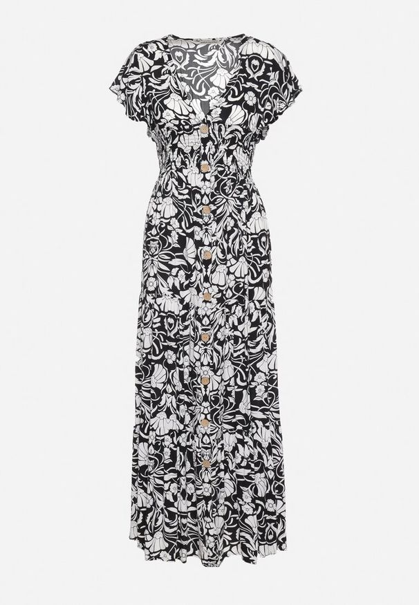 Born2be - Czarna Rozkloszowana Sukienka Maxi z Luźnym Rękawem w Kwiatowy Print Oxeria. Kolor: czarny. Wzór: kwiaty, nadruk. Sezon: lato. Typ sukienki: rozkloszowane. Długość: maxi