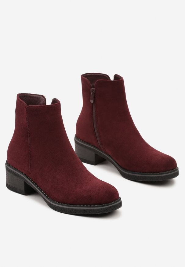 Born2be - Bordowe Klasyczne Botki z Ociepleniem Rearielis. Okazja: na co dzień. Kolor: czerwony. Materiał: jeans. Obcas: na obcasie. Styl: klasyczny. Wysokość obcasa: średni