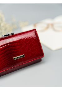LORENTI - Skórzany portfel damski czerwony Lorenti 55020-RS-1176 RED. Kolor: czerwony. Materiał: skóra. Wzór: napisy