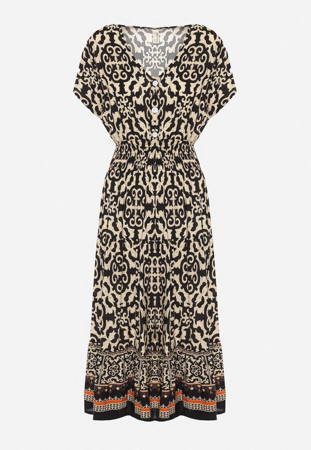 Born2be - Czarno-Beżowa Bawełniana Sukienka z Dekoltem w Serek Zapinana na Guziki z Gumką w Pasie Kelea. Okazja: na co dzień. Typ kołnierza: dekolt w serek. Kolor: czarny. Materiał: bawełna. Typ sukienki: proste. Styl: casual, klasyczny, elegancki, wizytowy