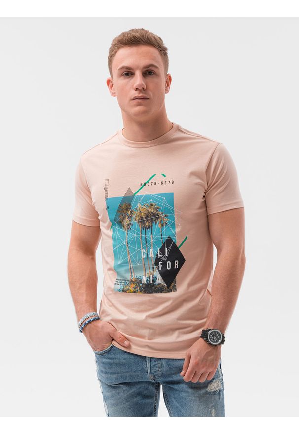 Ombre Clothing - T-shirt męski z nadrukiem S1434 V-14B - różowy - XXL. Kolor: różowy. Materiał: bawełna. Wzór: nadruk. Styl: klasyczny