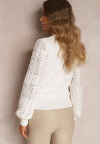 Renee - Biały Sweter z Bufiastym Ażurowym Rękawem Fenavy. Okazja: na co dzień. Kolor: biały. Materiał: wiskoza, jeans, materiał. Wzór: ażurowy. Styl: klasyczny, casual, elegancki #3