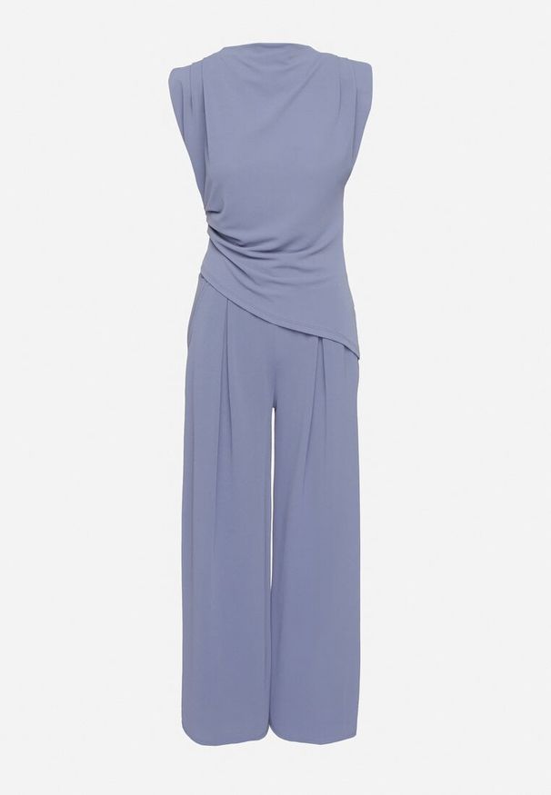 Born2be - Niebieski Komplet Bluzka z Zaznaczonymi Ramionami i Spodnie Szerokie na Gumce Divaires. Kolor: niebieski