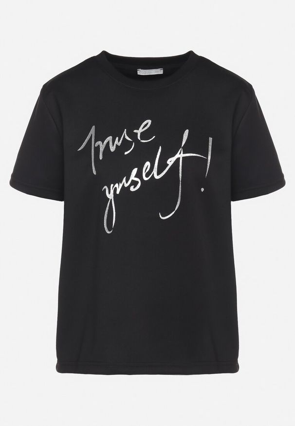 Born2be - Czarny T-shirt z Ozdobnym Nadrukiem z Brokatem Tenesia. Okazja: na co dzień. Kolor: czarny. Materiał: jeans, materiał. Wzór: nadruk. Styl: klasyczny, elegancki, casual