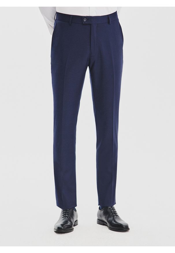 Pako Lorente - PAKO LORENTE – Granatowe spodnie garniturowe z wełną. Okazja: na spotkanie biznesowe. Kolor: niebieski. Materiał: wełna. Styl: biznesowy