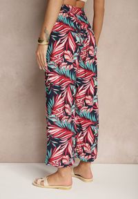 Renee - Granatowo-Czerwone Spodnie z Bawełny o Szerokim Kroju High Waist w Liście Edirive. Okazja: na spotkanie biznesowe. Stan: podwyższony. Kolor: niebieski. Materiał: bawełna. Sezon: lato. Styl: biznesowy, klasyczny, elegancki
