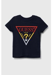 Guess t-shirt bawełniany dziecięcy kolor granatowy z aplikacją. Kolor: niebieski. Materiał: bawełna. Wzór: aplikacja. Styl: klasyczny