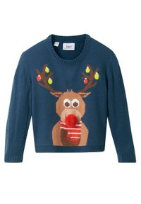 Sweter chłopięcy z bożonarodzeniowym motywem bonprix ciemnoniebieski. Kolor: niebieski. Materiał: materiał, akryl. Wzór: prążki, aplikacja. Styl: elegancki #1