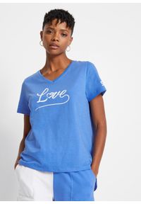 bonprix - Shirt z nadrukiem. Typ kołnierza: dekolt w serek. Kolor: niebieski. Wzór: nadruk #1