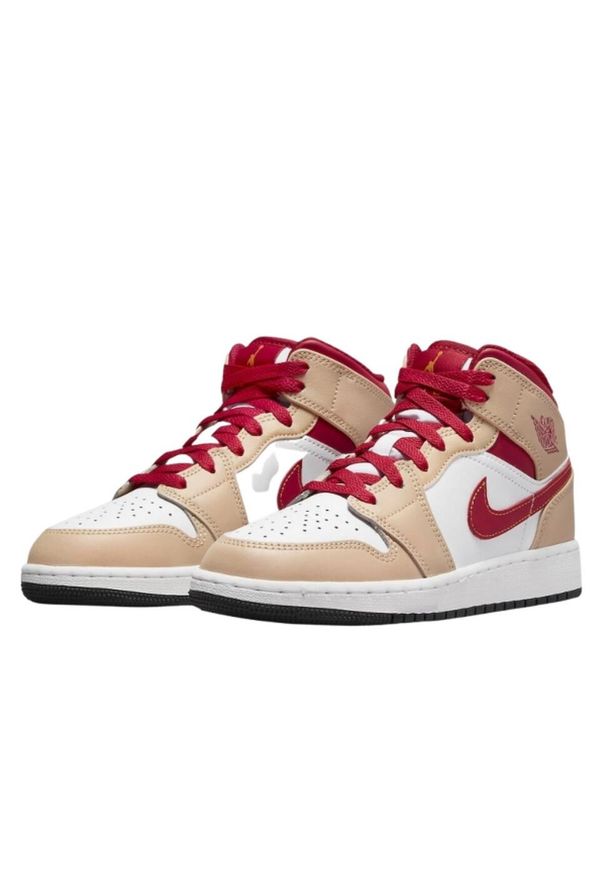 Buty do chodzenia dla dorosłych Air Jordan 1 Mid Light Curry Cardinal. Kolor: beżowy, biały, wielokolorowy. Materiał: skóra. Sport: turystyka piesza