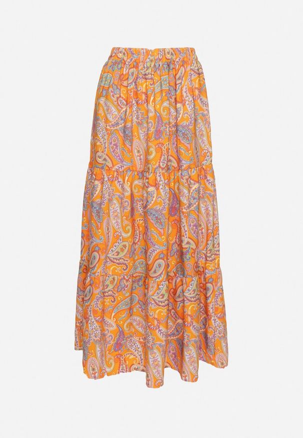 Born2be - Pomarańczowa Rozkloszowana Spódnica z Wysokim Stanem ze Wzorem Paisley Nevrisa. Okazja: na co dzień. Stan: podwyższony. Kolor: pomarańczowy. Wzór: paisley. Styl: casual, klasyczny, elegancki
