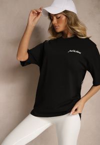 Renee - Czarny T-shirt Koszulka z Bawełny Ozdobiona Nadrukiem i Napisem Just Be There Felena. Kolor: czarny. Materiał: bawełna. Wzór: napisy, aplikacja, nadruk #5