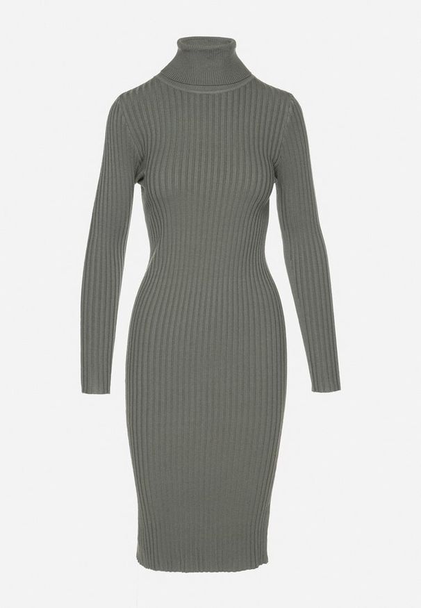 Born2be - Ciemnozielona Sukienka Prążkowana o Dopasowanym Kroju z Golfem Kaszmirem Bawełną i Wełną Vaithessa. Okazja: na co dzień. Typ kołnierza: golf. Kolor: zielony. Materiał: prążkowany, wełna, bawełna, kaszmir. Długość rękawa: długi rękaw. Styl: casual, elegancki