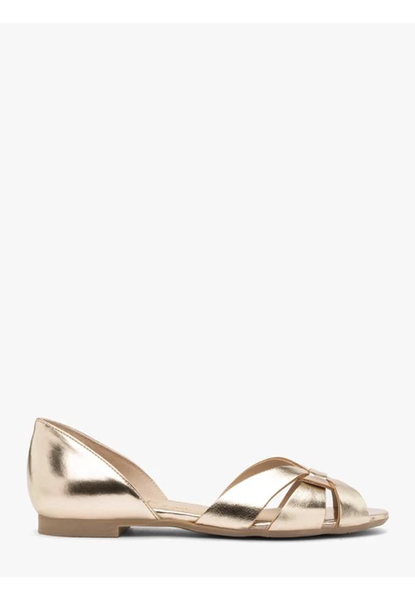 Ryłko - Platynowe baleriny damskie. Kolor: szary. Materiał: skóra. Wzór: ażurowy. Sezon: lato. Styl: street, elegancki