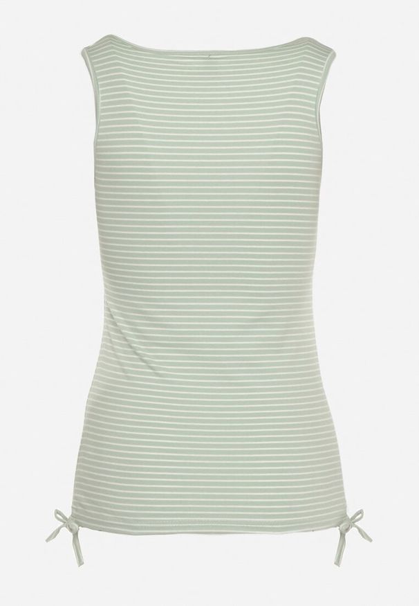 Born2be - Miętowy Bawełniany Top w Paski z Guzikami przy Dekolcie i Troczkiem po Bokach Lasaila. Kolor: miętowy. Materiał: bawełna. Wzór: paski. Sezon: lato